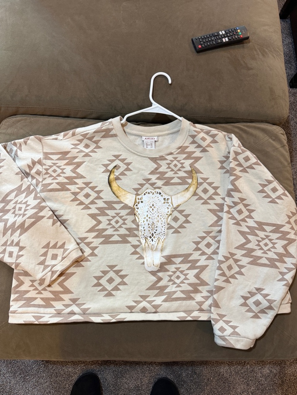 Ariat Cream and Tan Aztec Bull Skull Crop Sweatshirt